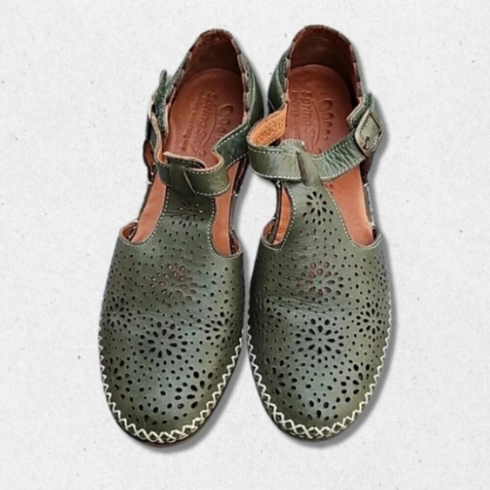 Spring Step Patrizia Shoes Airy Wedge T-Strap Hook and Loop Closure Green W 7.5